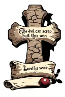 cobblestone cross with writing "the devil can scrap but the Lord has won" in old font on a scroll. with a bowling lane tattoo design idea