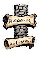 cobblestone cross with writing "the devil can scrap but the Lord has won" in old font on a scroll. with a bowling lane tattoo design idea