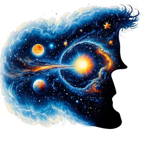 Harmonious interweaving of the microcosm and the macrocosm within a universe filled with stars, galaxies, supernovas. tattoo design idea