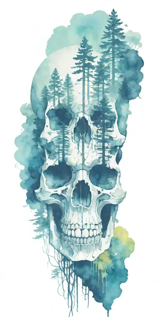 massive forest landscape with hidden negative space shaped like a skull tattoo design idea