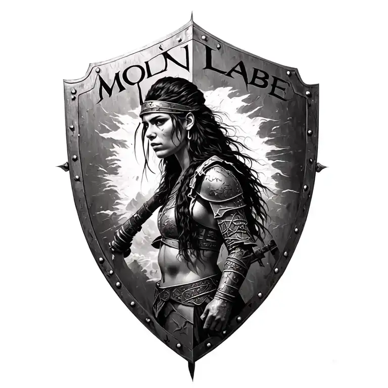 black and white color, battle ready spartin woman warrior holding old battle shield inscribed with MOLON LABE tattoo design idea