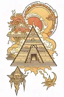A tattoo design inspired by aztec culture and natural disasters, with an aztec pyramid surrounded by lightning bolts and fire tattoo design idea