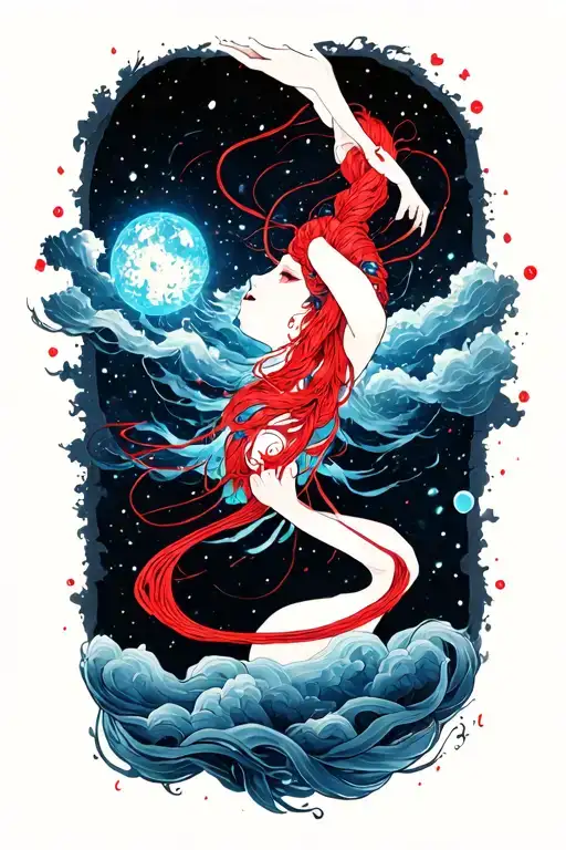 Red string of fate with meteors flying past without a big background. Don't let there be a black background, just the dr tattoo design idea