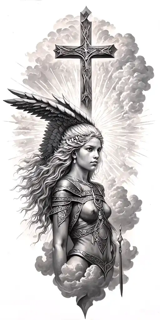 norse Valkyrie, clouds, rays, a cross tattoo design idea