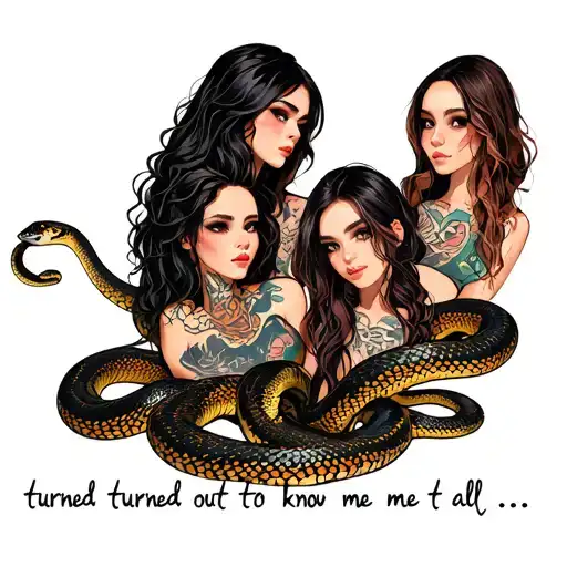 the text "turned out not to know me at all" with a group of 3 girl friends who are snakes tattoo design idea