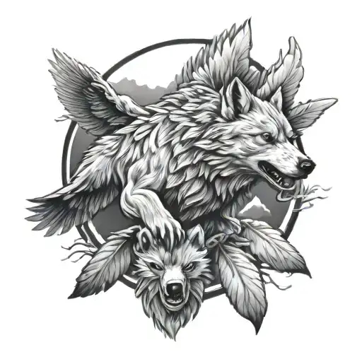wolf, bear, eagle flying tattoo design idea
