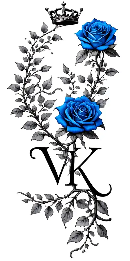Blue rose vine with crown and initials V and K tattoo design idea