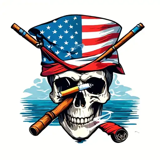 skull american flag bandana smoking cigarette fishing pole tattoo design idea