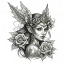 girl elf princess face flowers around crown warrior tattoo design idea