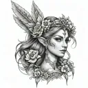 girl elf princess face flowers around crown warrior tattoo design idea