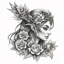 girl elf princess face flowers around crown warrior tattoo design idea