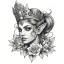 girl elf princess face flowers around crown warrior tattoo design idea