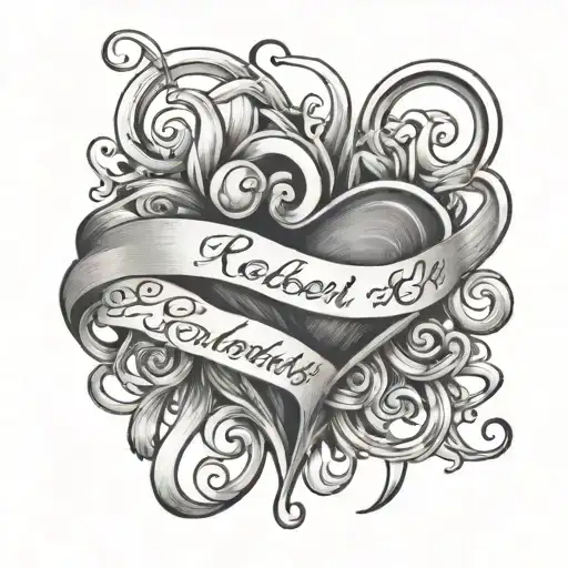 The names Robert And Kimberly connected with eachother with a heart in cursive tattoo design idea
