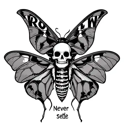moth with a skeleton as the head with the letters never settle  tattoo design idea