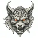 wolf, oni mask merged tattoo design idea