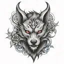 wolf, oni mask merged tattoo design idea