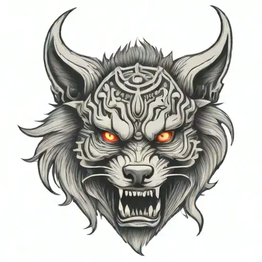 wolf, oni mask merged tattoo design idea