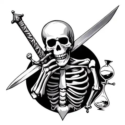 full anotomically correct skeleton holding a sword in its right hand, and an hourglass in its left hand tattoo design idea