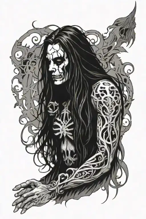 Black metal guy with long black hair covering his body in a gothic minimalist style tattoo design idea