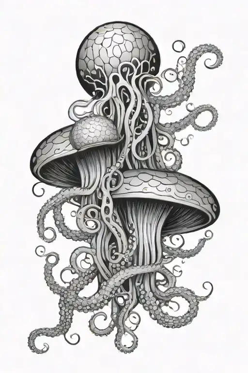 The tentacles stretch from the bottom up. In the center is a New Year's ball. On top is a jellyfish tattoo design idea