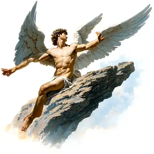 the most handsome angel falling down a cliff facing up trying to grab gods fingertips tattoo design idea