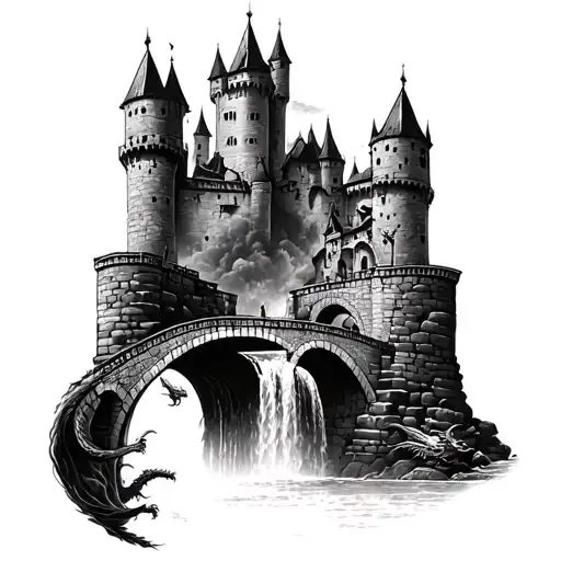 Right Forearm hyper realistic tattoo in black ink of medieval castle fortification with bridge, waterfall and dragons fl tattoo design idea