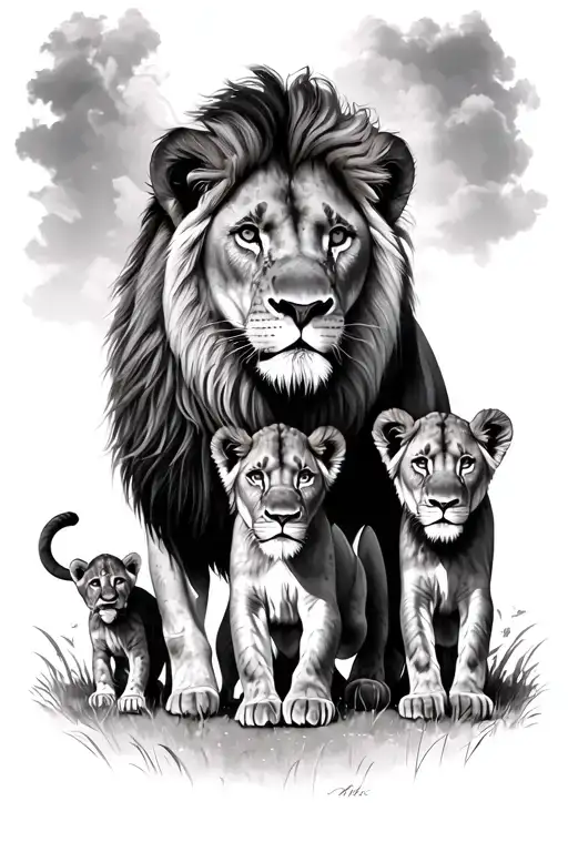 1 lion, 1 lioness and 3 cubs tattoo design idea