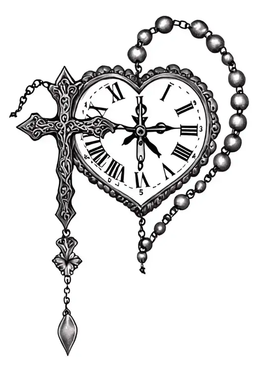 "time heals everything " cross rosary heart clock  tattoo design idea
