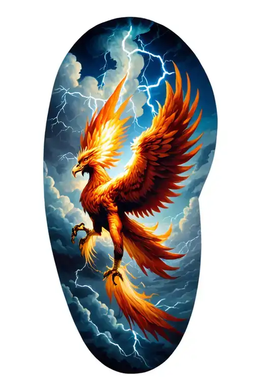 Phoenix emerging feom a storm cloud with lightning  tattoo design idea