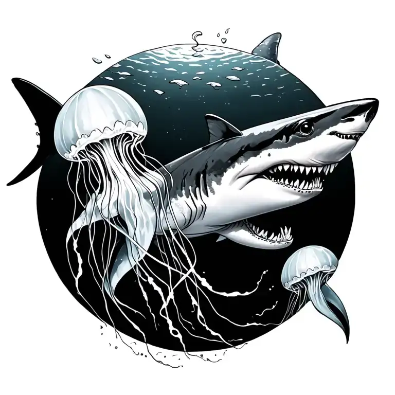 Shark with a jellyfish swimming together feminine  tattoo design idea
