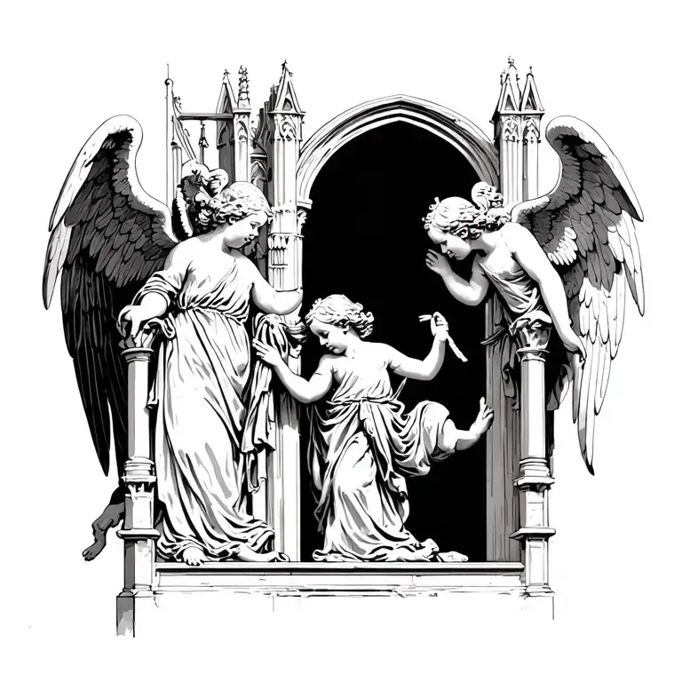 cathedral scene with cherub angels tattoo design idea