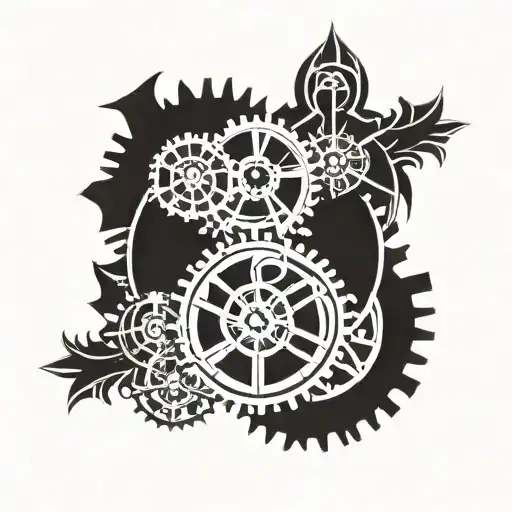 tribal inspired design featuring flowers and cogs tattoo design idea