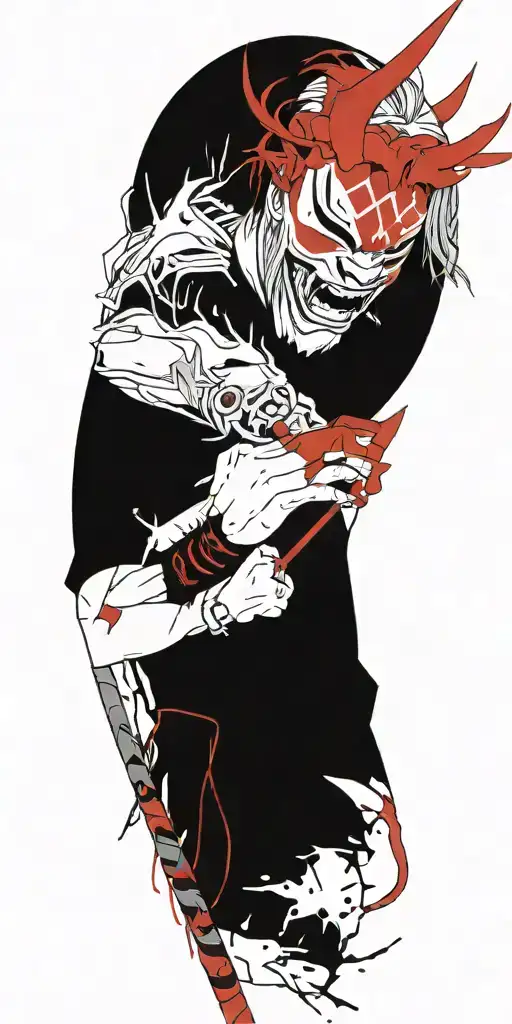 male anime character wearing oni mask holding swords fighting off inner demons  tattoo design idea