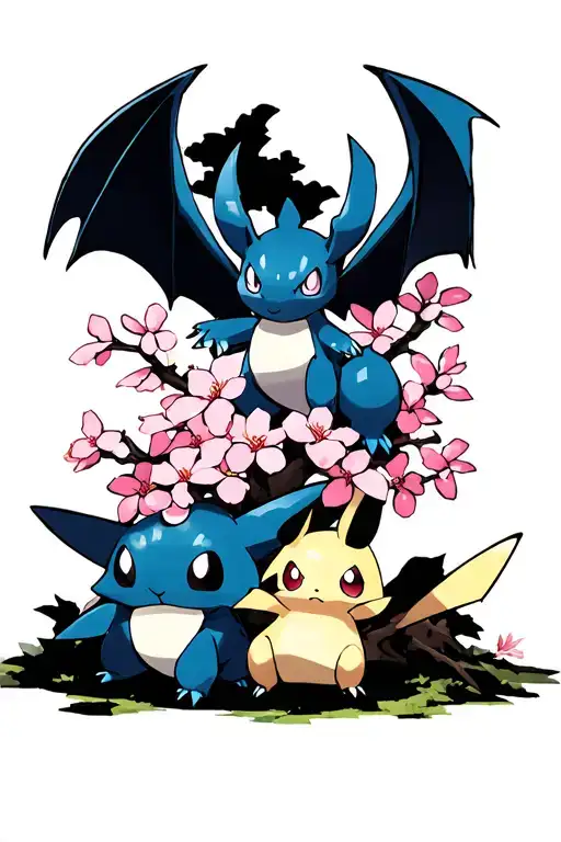 cherry blossom tree with pokemon Crobat, Steelix, Wartortle, mimikyu, Munchlax, Blaziken tattoo design idea