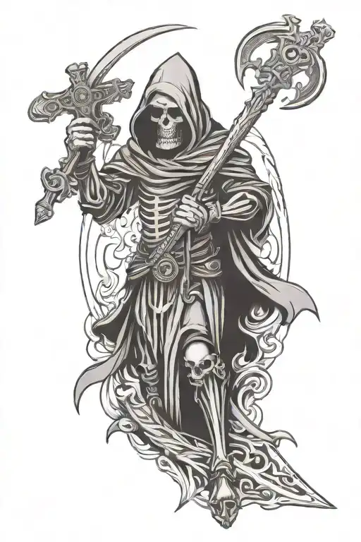 Grim Reaper Skeleton holding sword, include hourglass, viking helmet and raven tattoo design idea