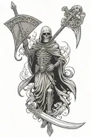 Grim Reaper Skeleton holding sword, include hourglass, viking helmet and raven tattoo design idea