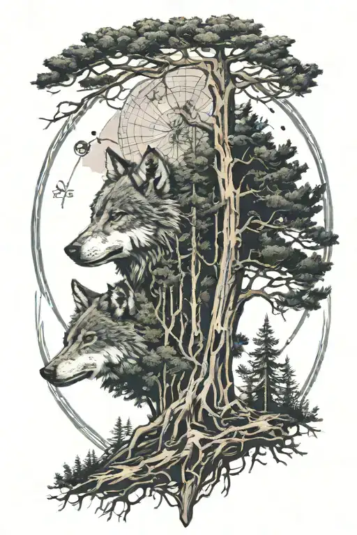 a tall pinefores landscape with a wolf head in the middle and roots at the bottom with a compass tattoo design idea