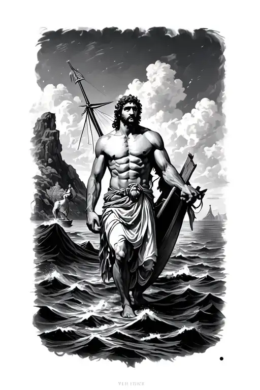 odysseus with argos, with ithaca as the background tattoo design idea