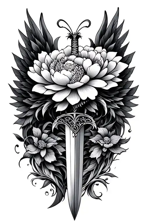 sword dragon peony butterfly heart wings  tattoo design idea