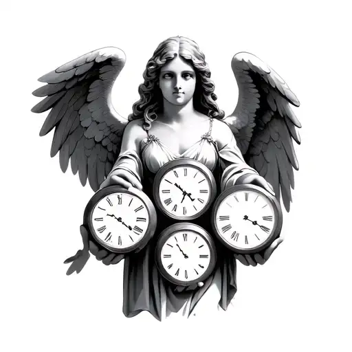 angel holding 3 clocks side by side tattoo design idea