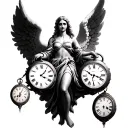 angel holding 3 clocks side by side tattoo design idea