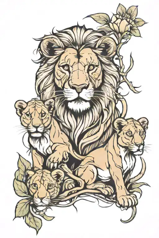 Father lion and 3 playful cubs in nature tattoo design idea