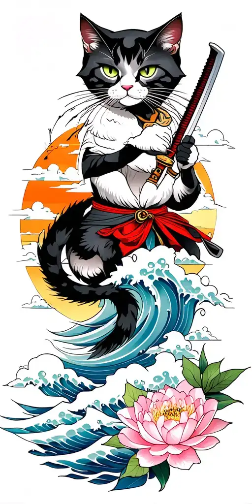 ninja cat holding katana, tail, water, waves, lotus, sakura, clouds, whirlpool, leaves, peony, sunset tattoo design idea