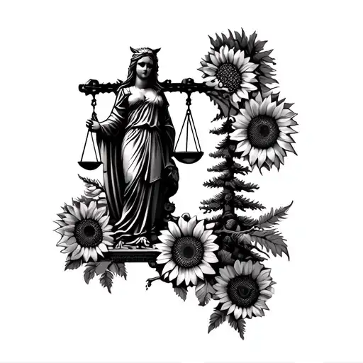 a half sleeve tattoo in greyscale with lady justice, sunflowers, pine tree, an owl.  tattoo design idea