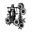 a half sleeve tattoo in greyscale with lady justice, sunflowers, pine tree, an owl.  tattoo design idea