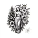 a half sleeve tattoo in greyscale with lady justice, sunflowers, pine tree, an owl.  tattoo design idea