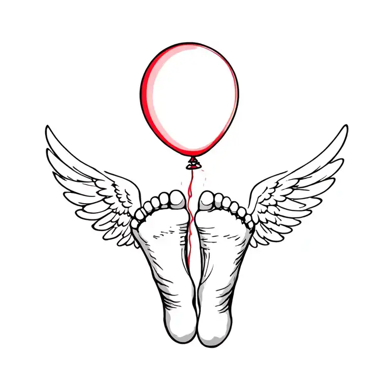 babys feet with wings and red balloon tattoo design idea