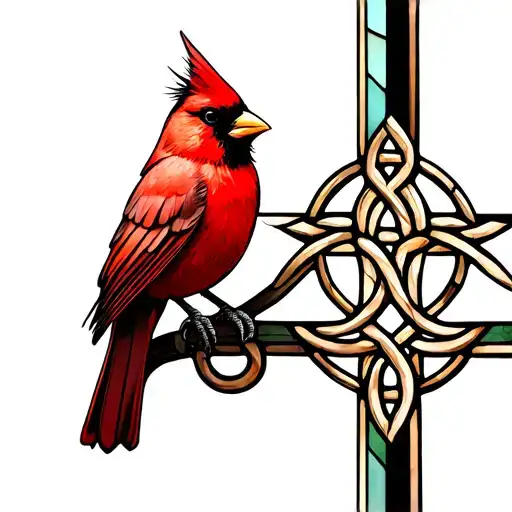 A stylized red cardinal bird perched on a Celtic cross with stained glass details tattoo design idea
