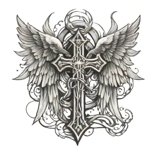 cross bound by a broken chain  with     large  angel wings tattoo design idea