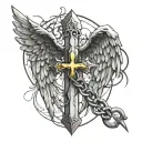 cross bound by a broken chain  with     large  angel wings tattoo design idea